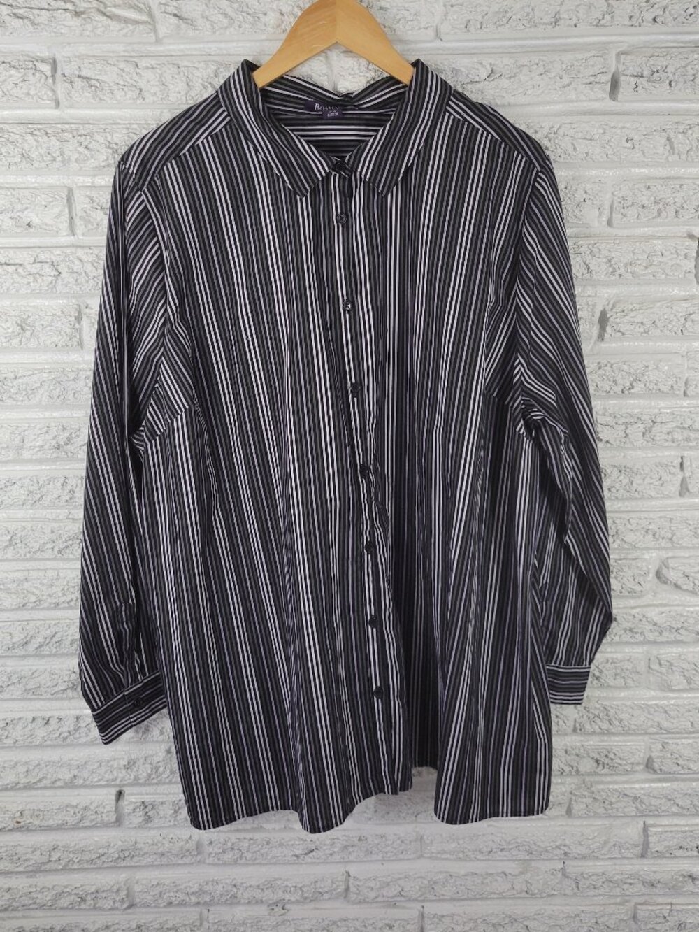 Roamans 26W Purple Green Black Striped Button Up‎ Shirt Womens Plus STR213XE